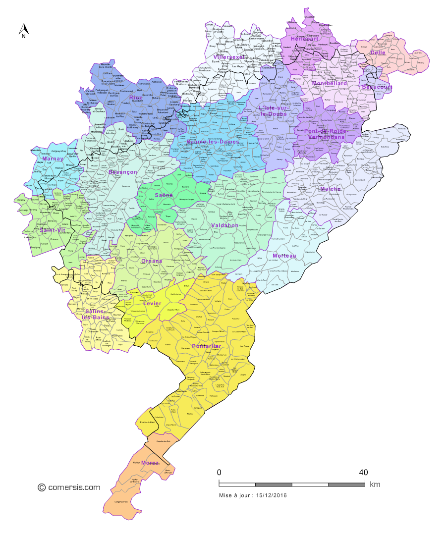 Carte des bassins de vie du Doubs avec toutes les communes