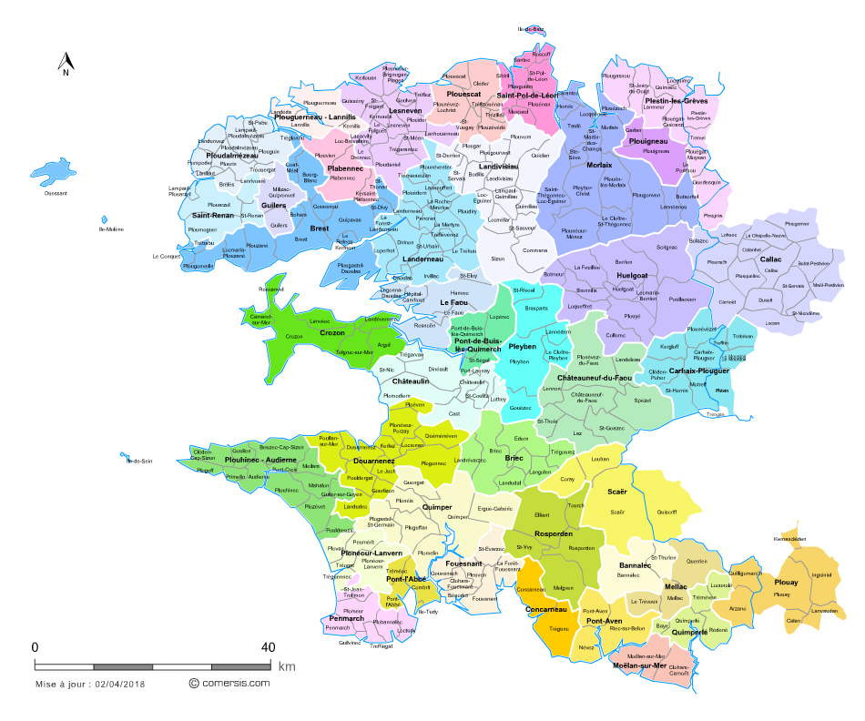 Carte des bassins de vie du Finistère avec toutes les communes