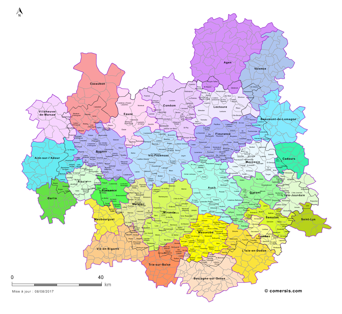 Carte des bassins de vie du Gers avec toutes les communes