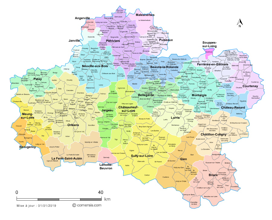 Carte des bassins de vie du Loiret avec toutes les communes