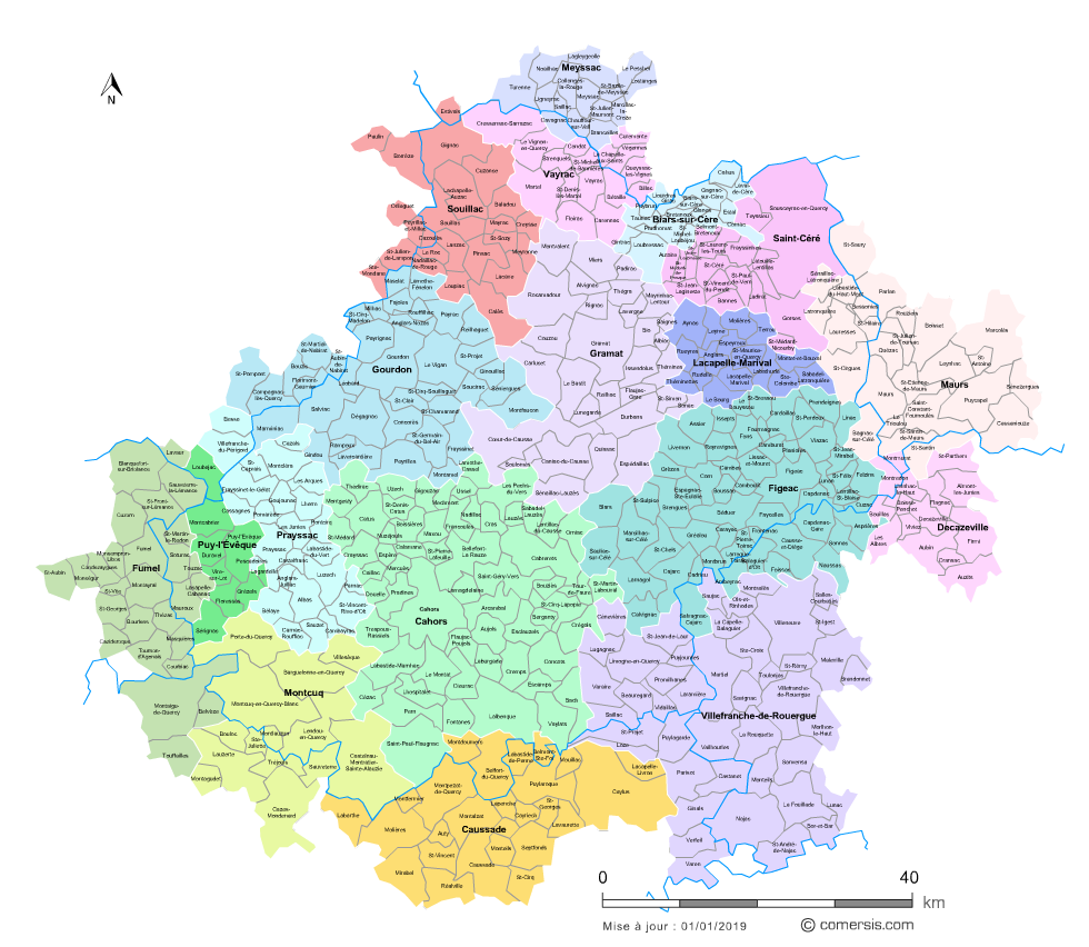 Carte des bassins de vie du Lot avec toutes les communes