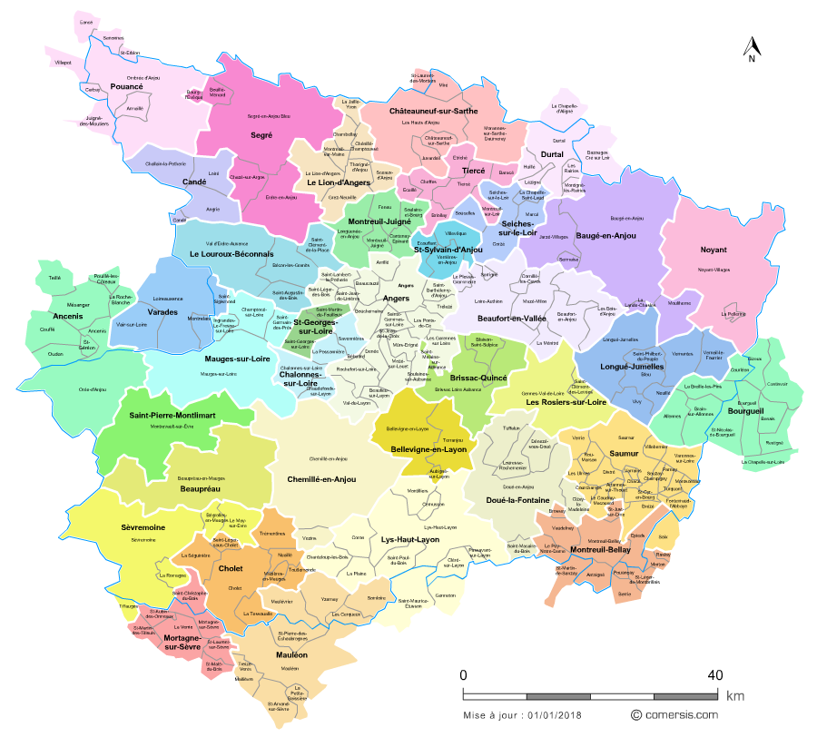 Carte des bassins de vie du Maine-et-Loire avec toutes les communes
