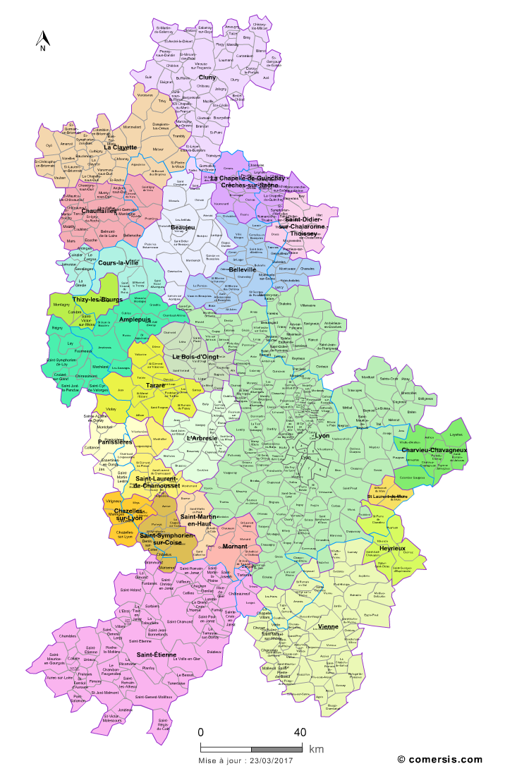 Carte des bassins de vie du Rhône avec toutes les communes