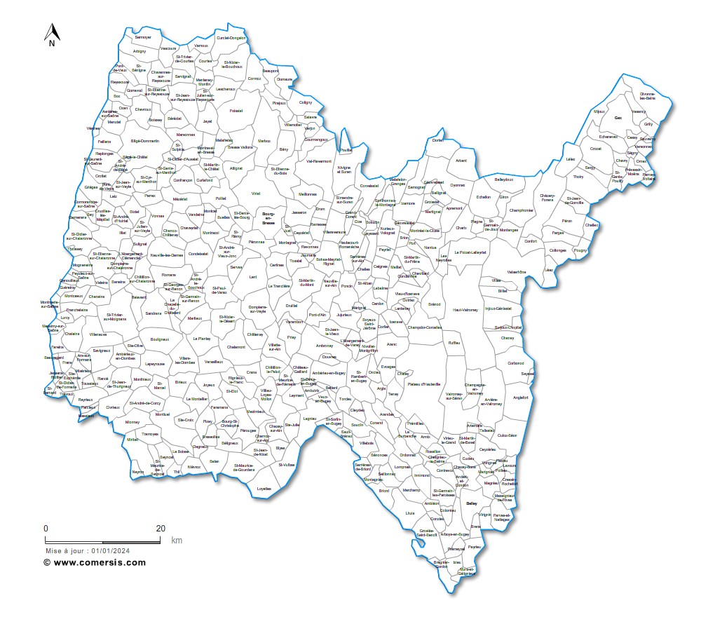 Carte des villes et communes de l'Ain
