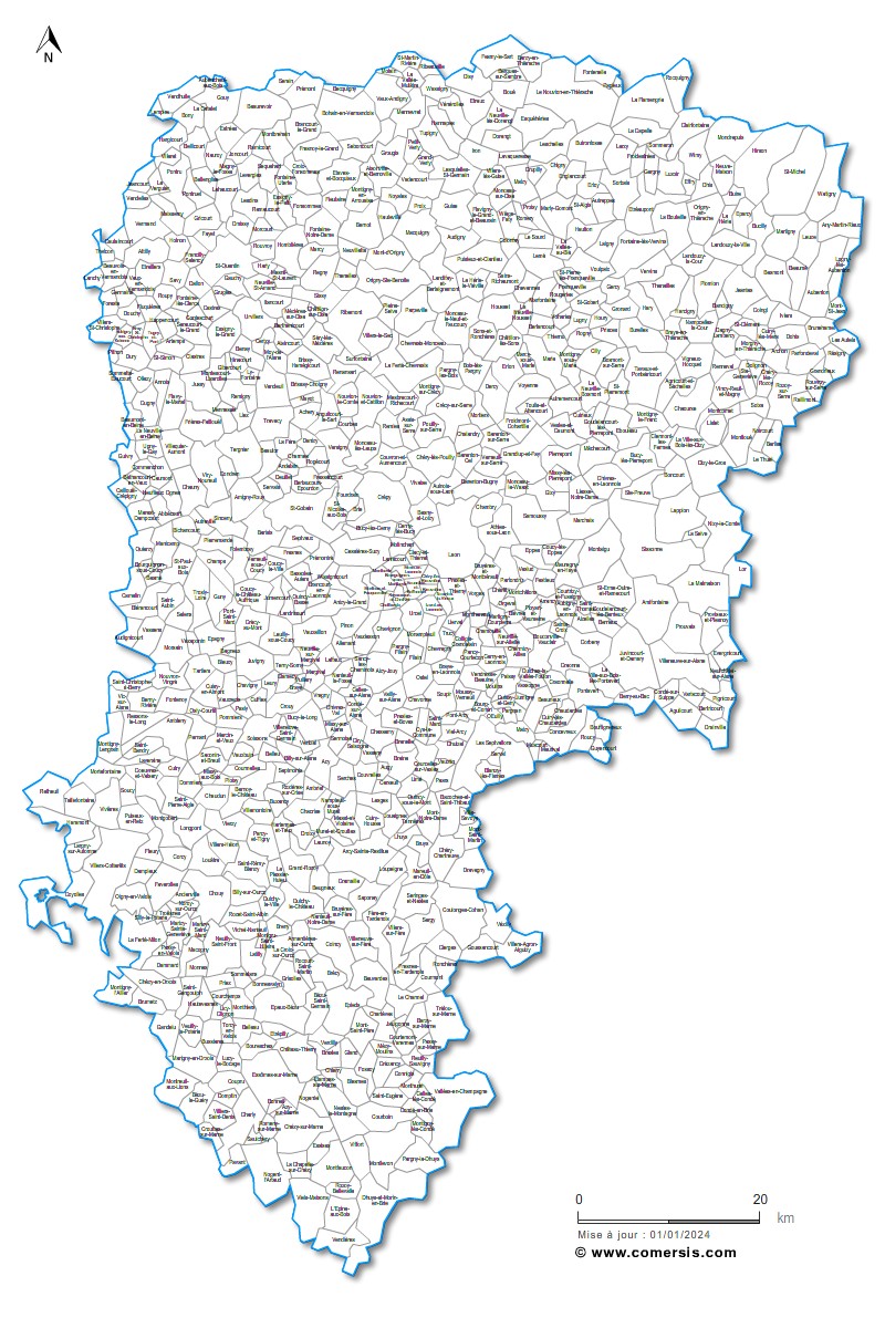 Carte des villes et communes de l'Aisne