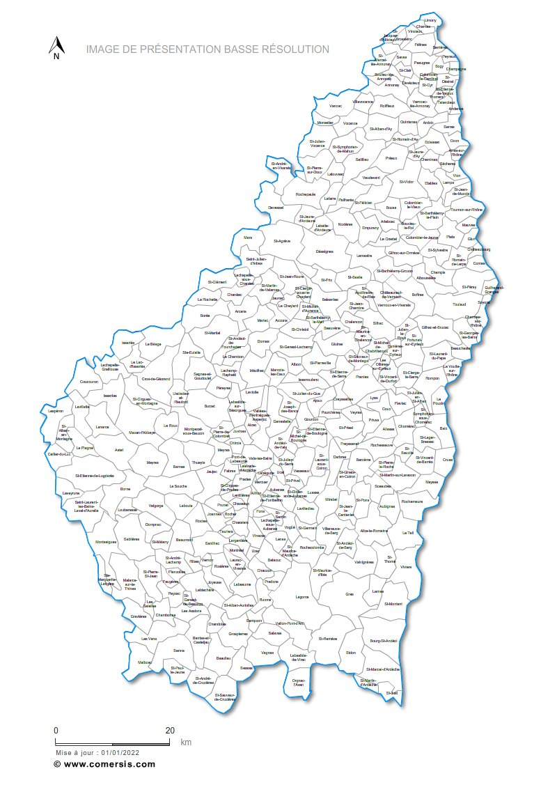 Carte des villes et communes de l'Ardèche