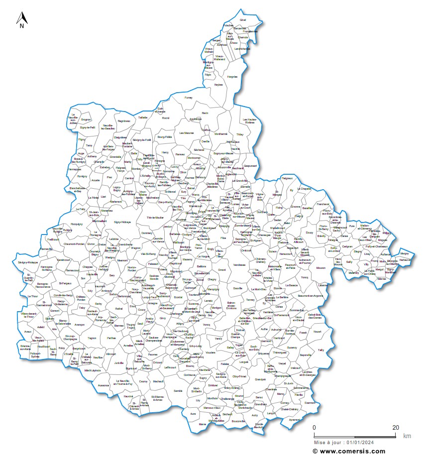 Carte des communes nommées des Ardennes