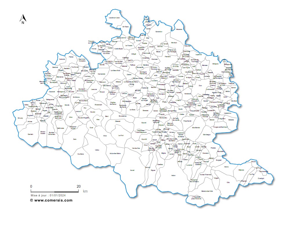Carte des communes nommées de l'Ariège