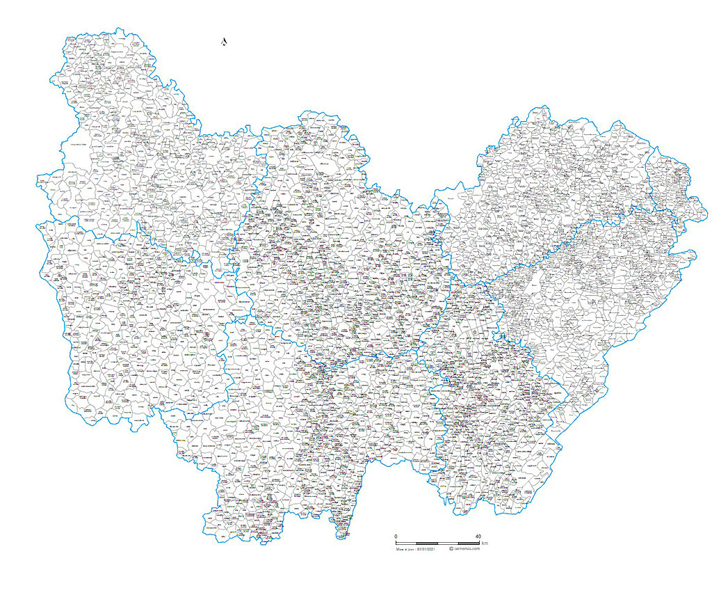 Carte des villes et communes de Bourgogne-Franche-Comté