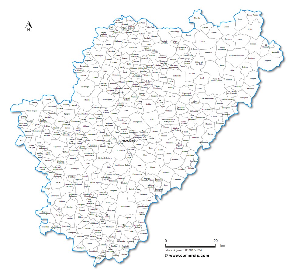 Carte des villes et communes de la Charente