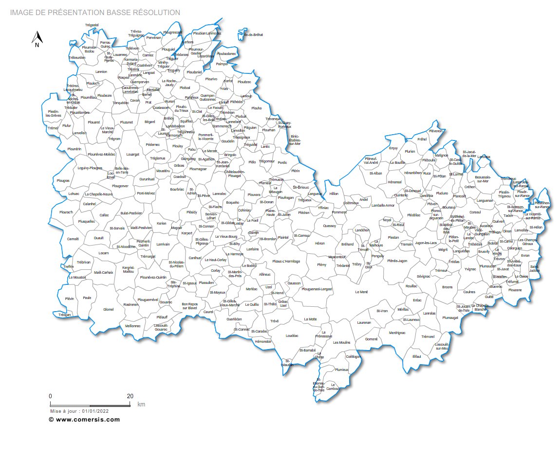 Carte des communes nommées des Côtes-d'Armor