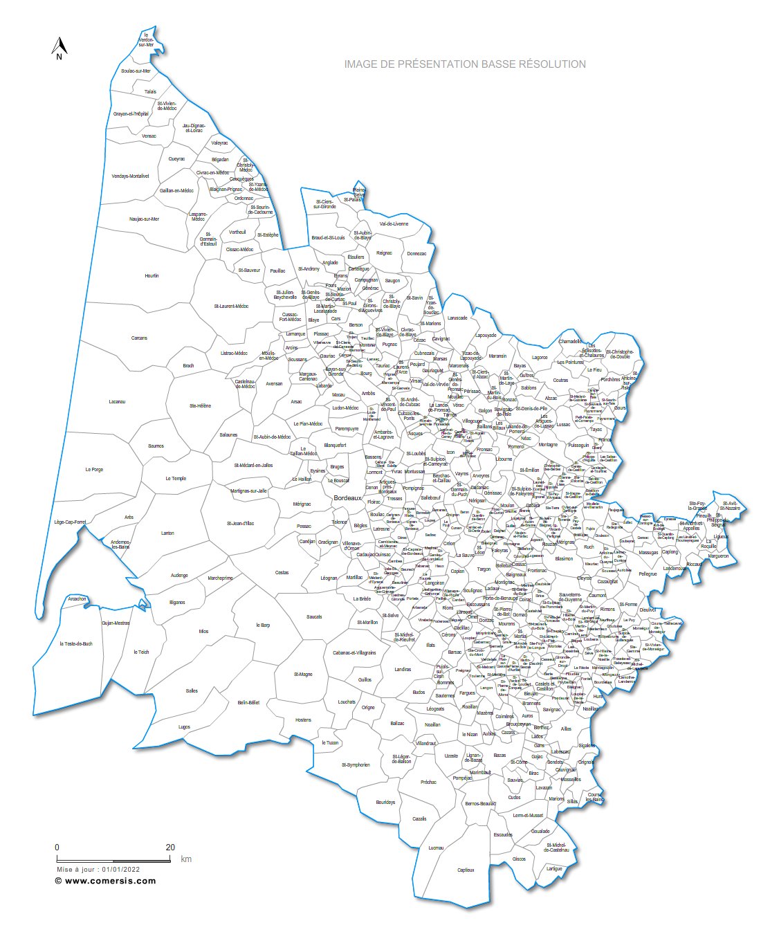 Carte des communes nommées de la Gironde
