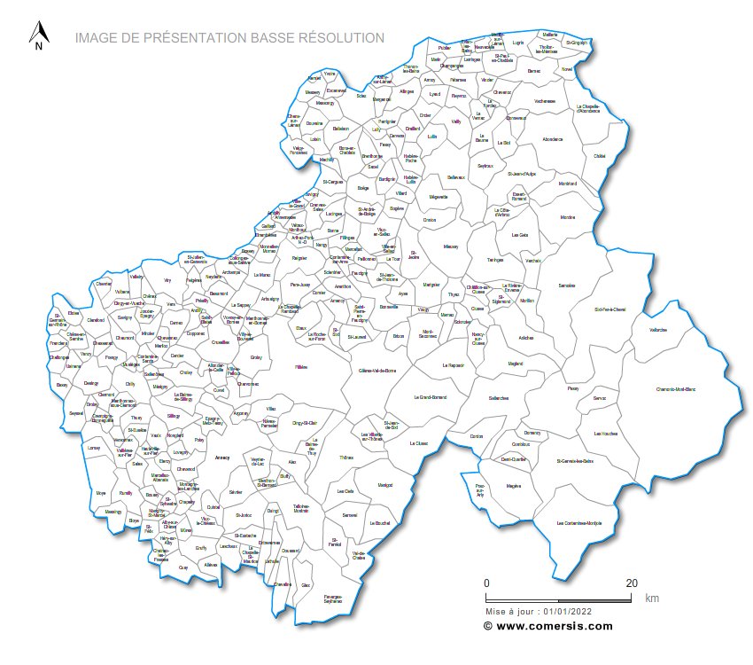 Carte des communes nommées de la Haute-Savoie