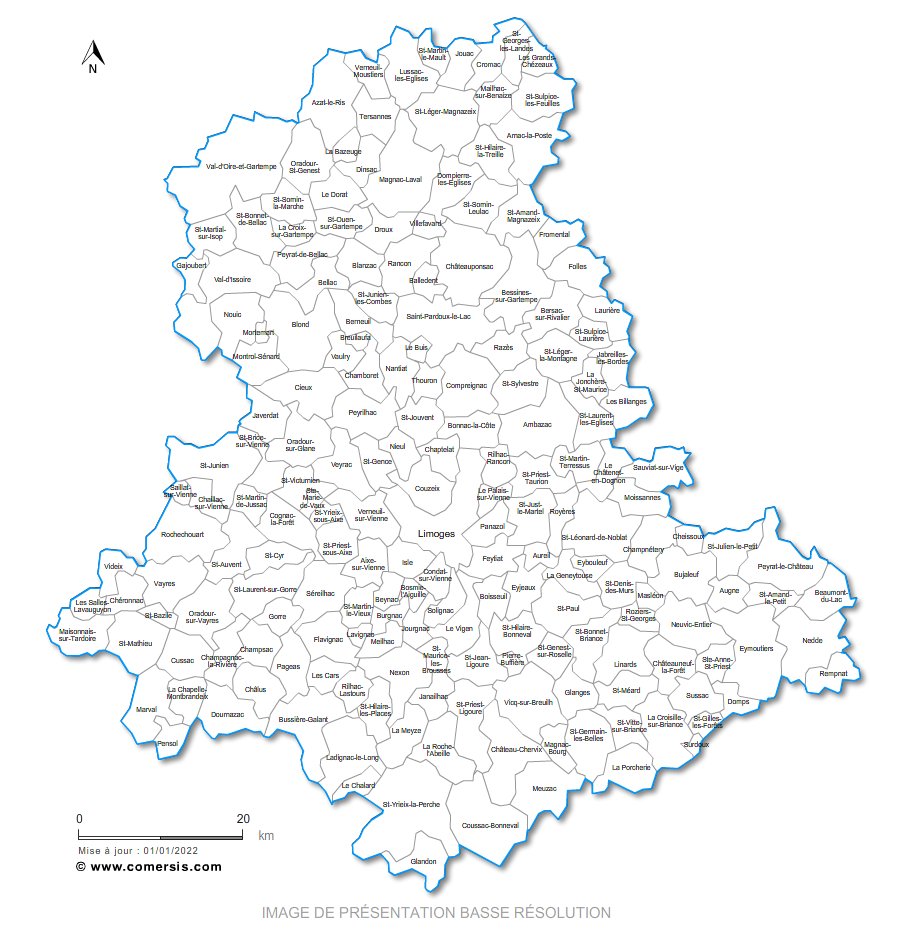 Carte des communes nommées de la Haute-Vienne
