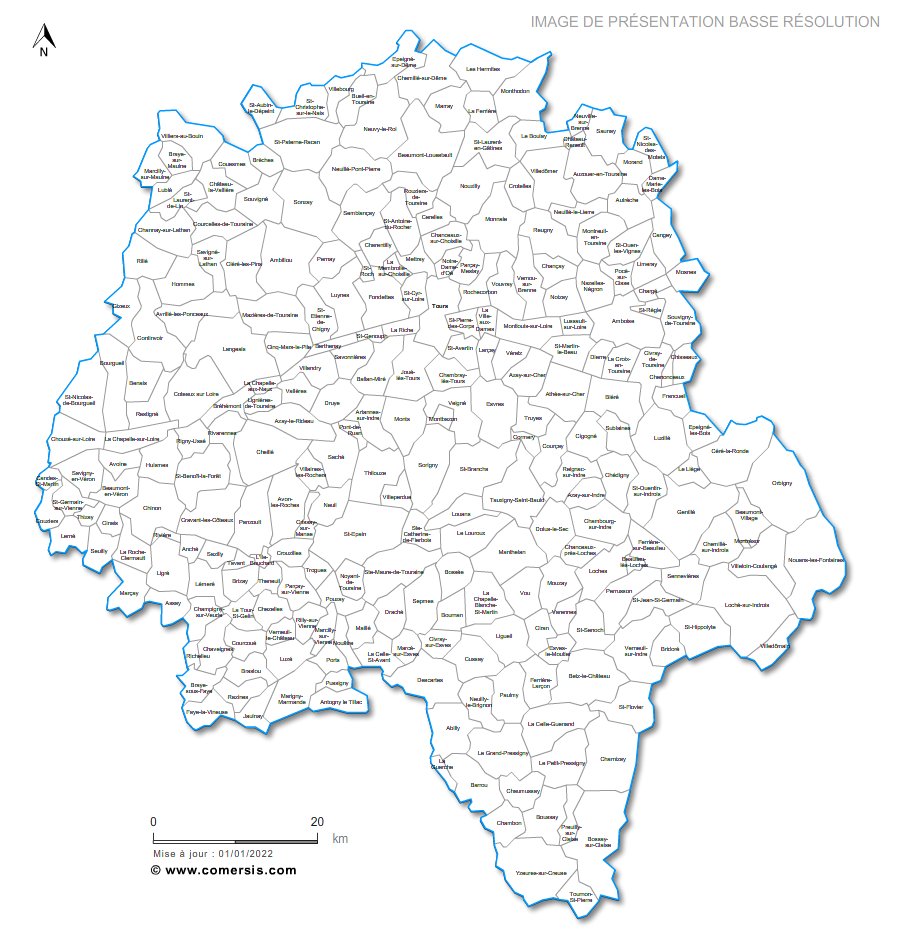 Carte des villes et communes d'Indre-et-Loire