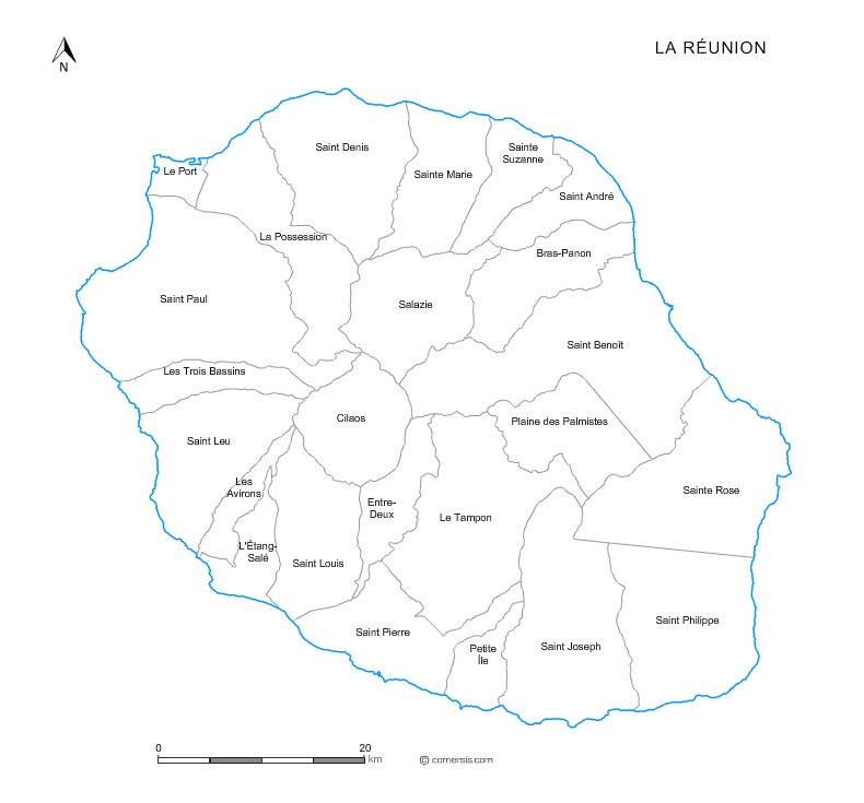 Carte des communes nommées de La Réunion