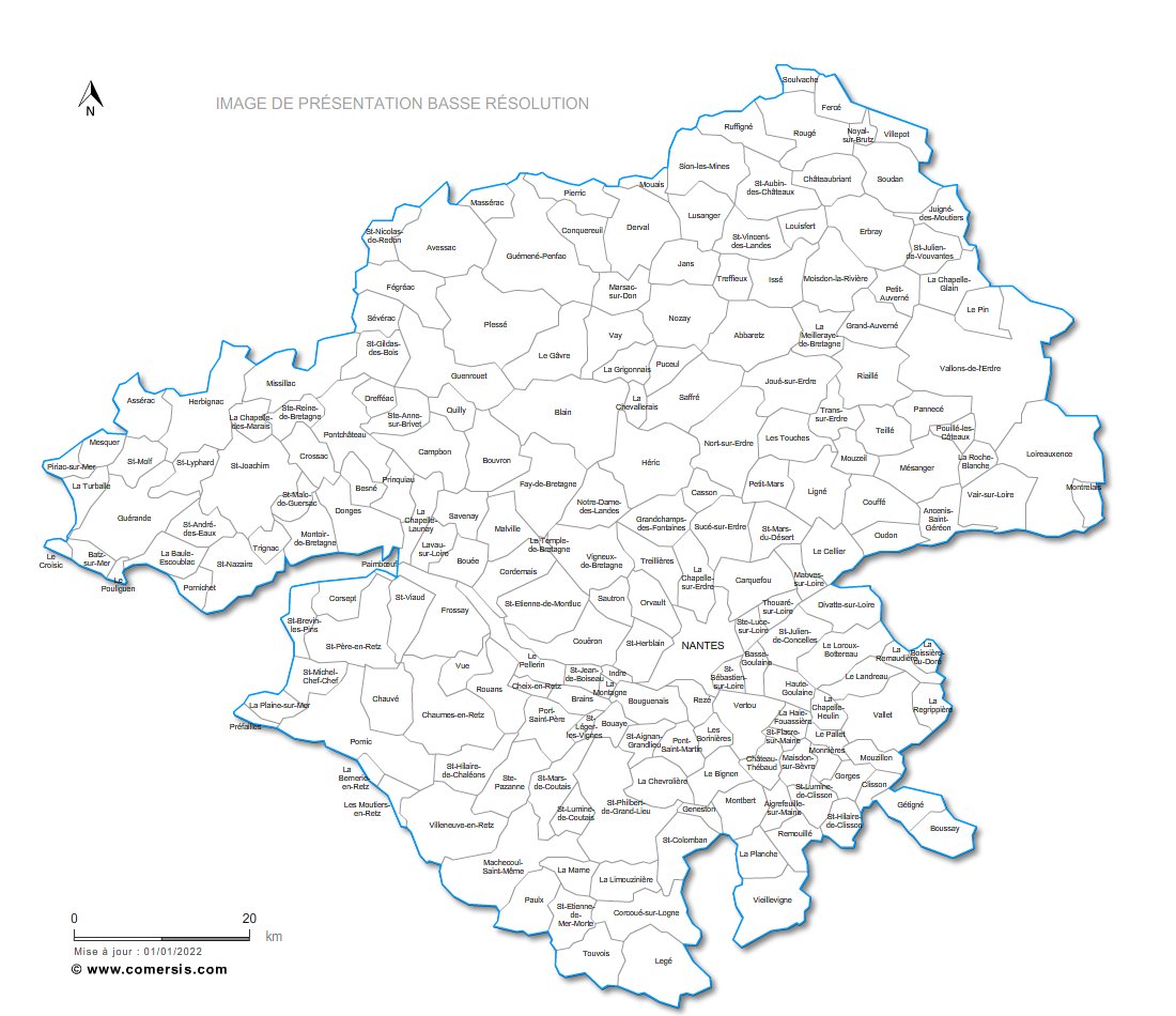 Carte des communes nommées de la Loire-Atlantique