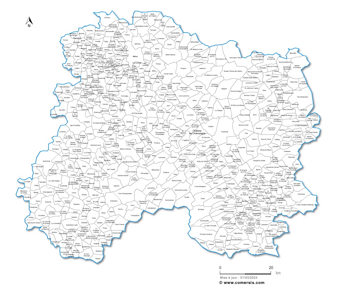 Carte des communes nommées de la Marne