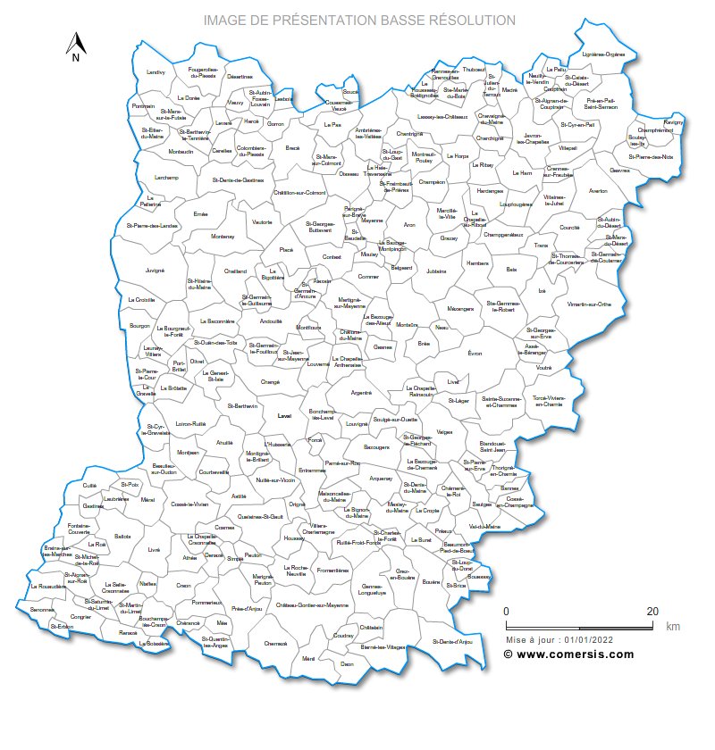 Carte des villes et communes de la Mayenne