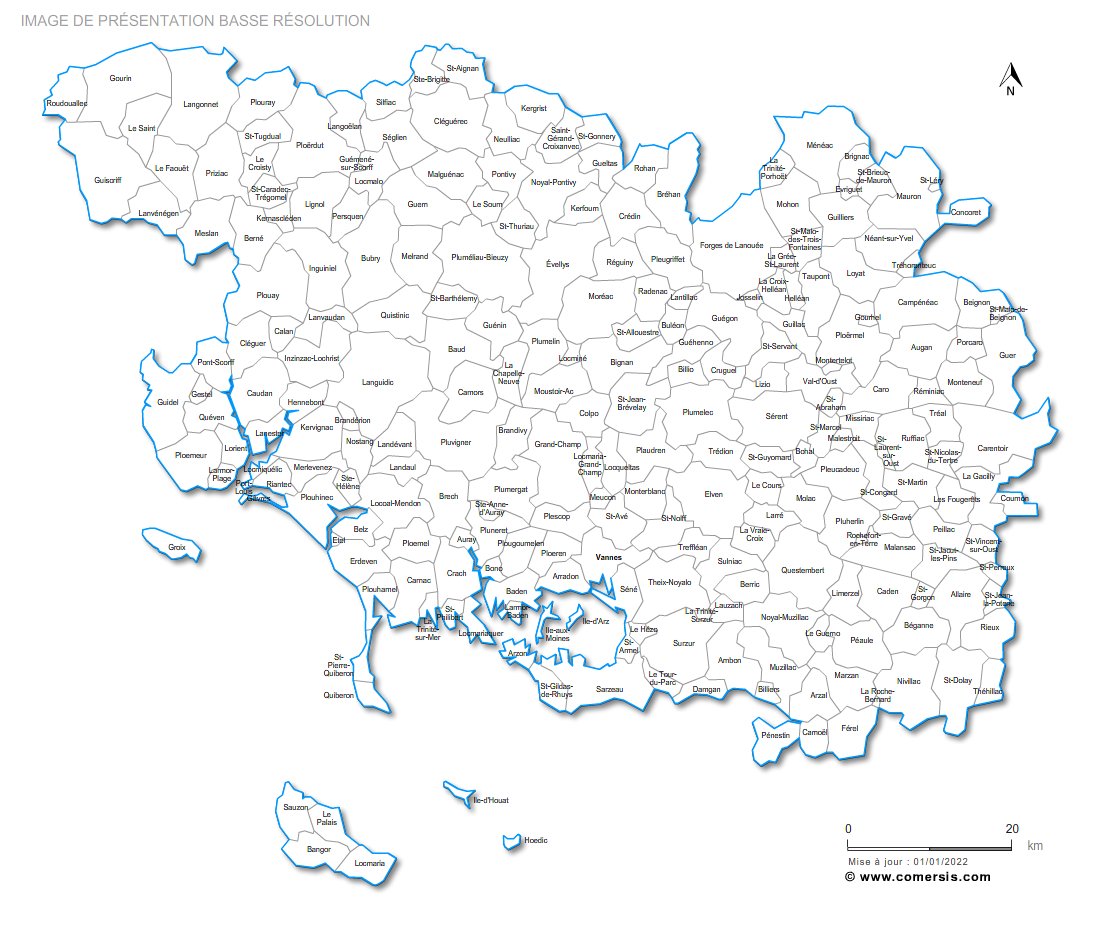 Carte des communes nommées du Morbihan