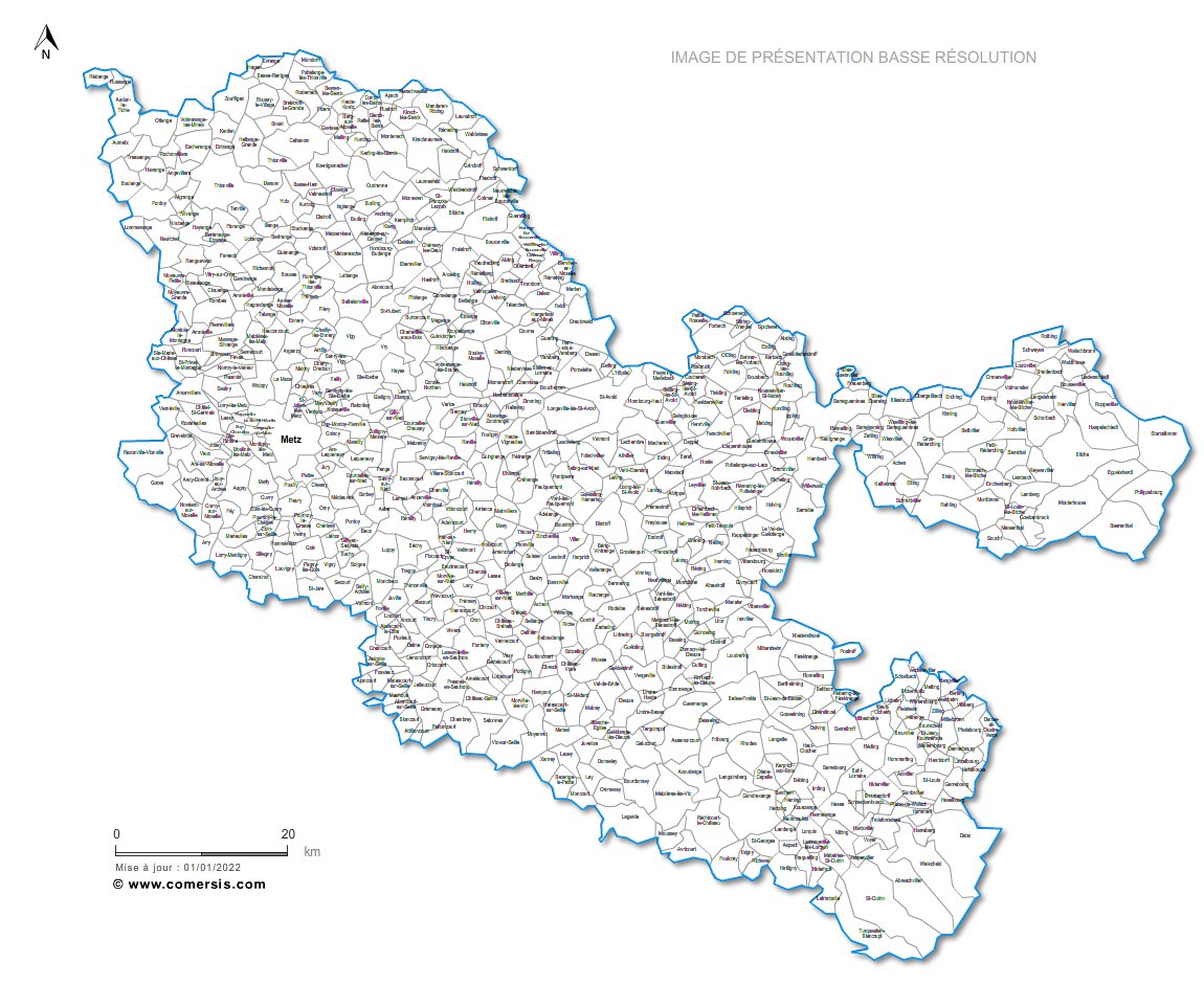 Carte des communes nommées de la Moselle