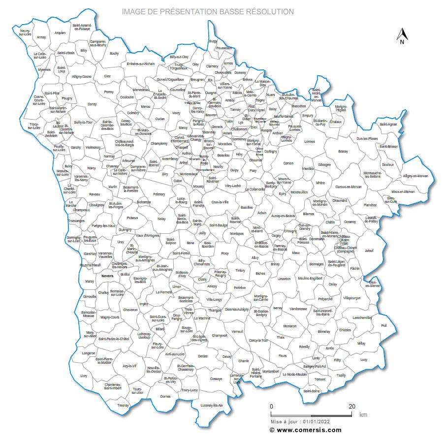Carte des communes nommées de la Nièvre