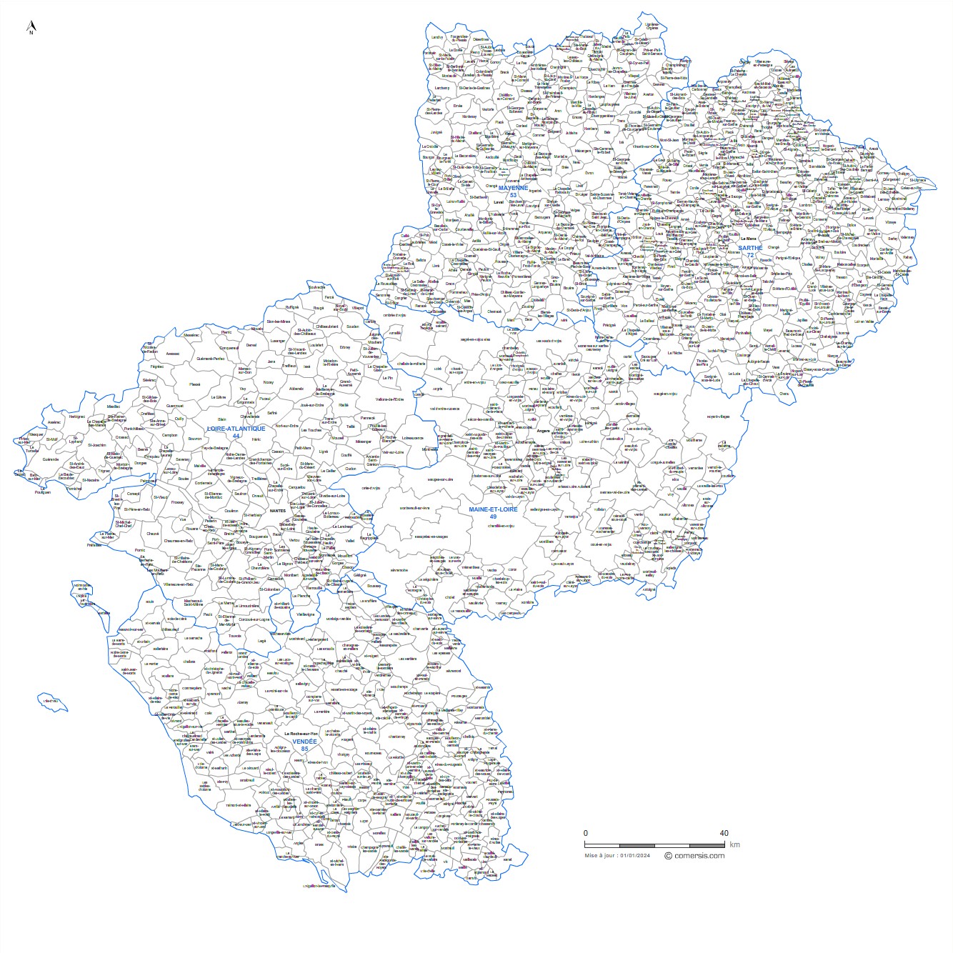Carte des villes et communes des Pays de la Loire