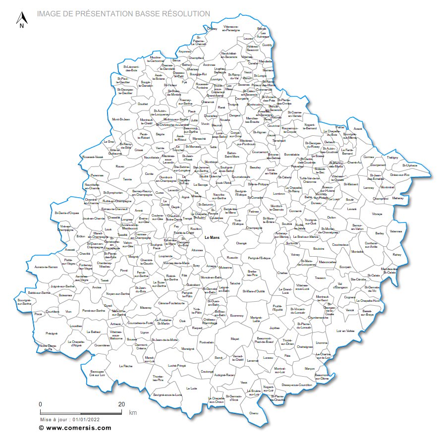 Carte des communes nommées de la Sarthe