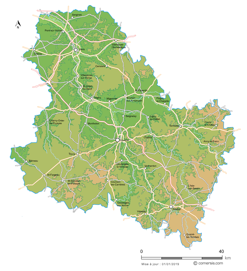 Carte vectorielle du relief de l'Yonne