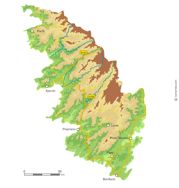 Carte du relief de la Corse-du-Sud