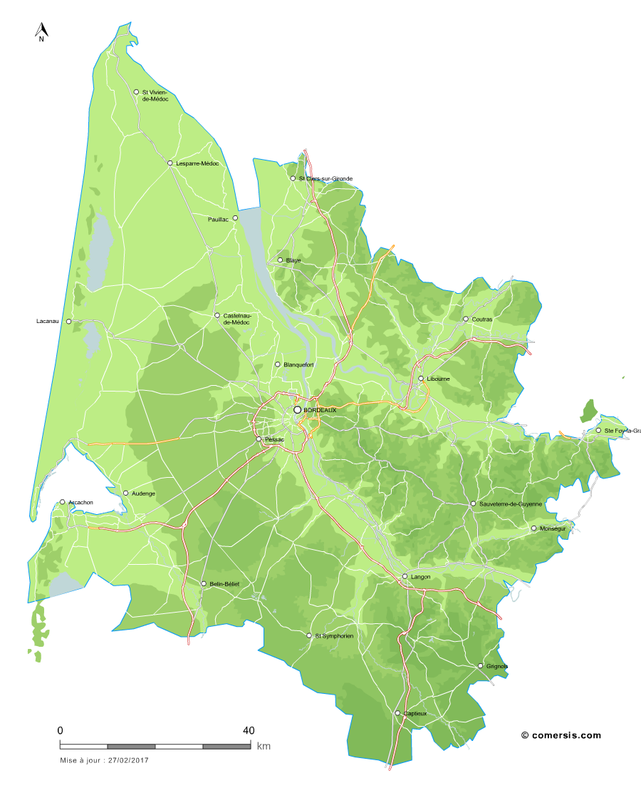Carte du relief de la Gironde