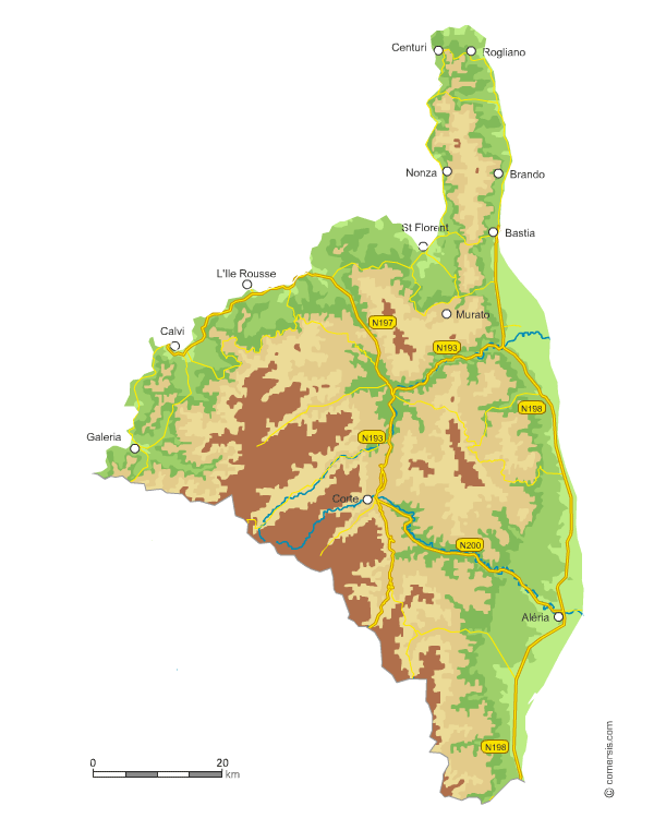 Carte du relief de la Haute-Corse