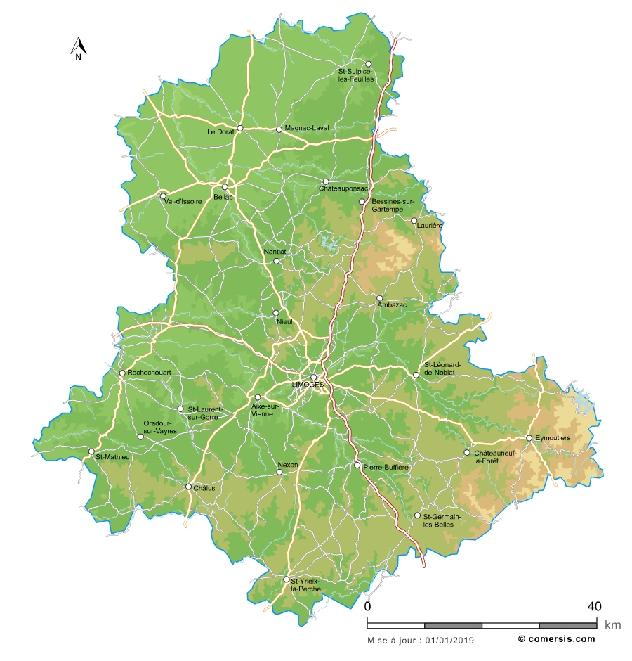 Carte du relief de la Haute-Vienne