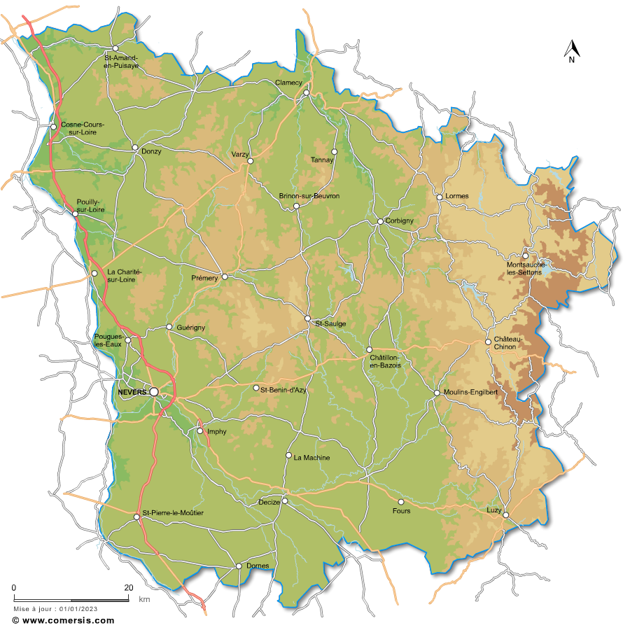 Carte vectorielle du relief de la Nièvre
