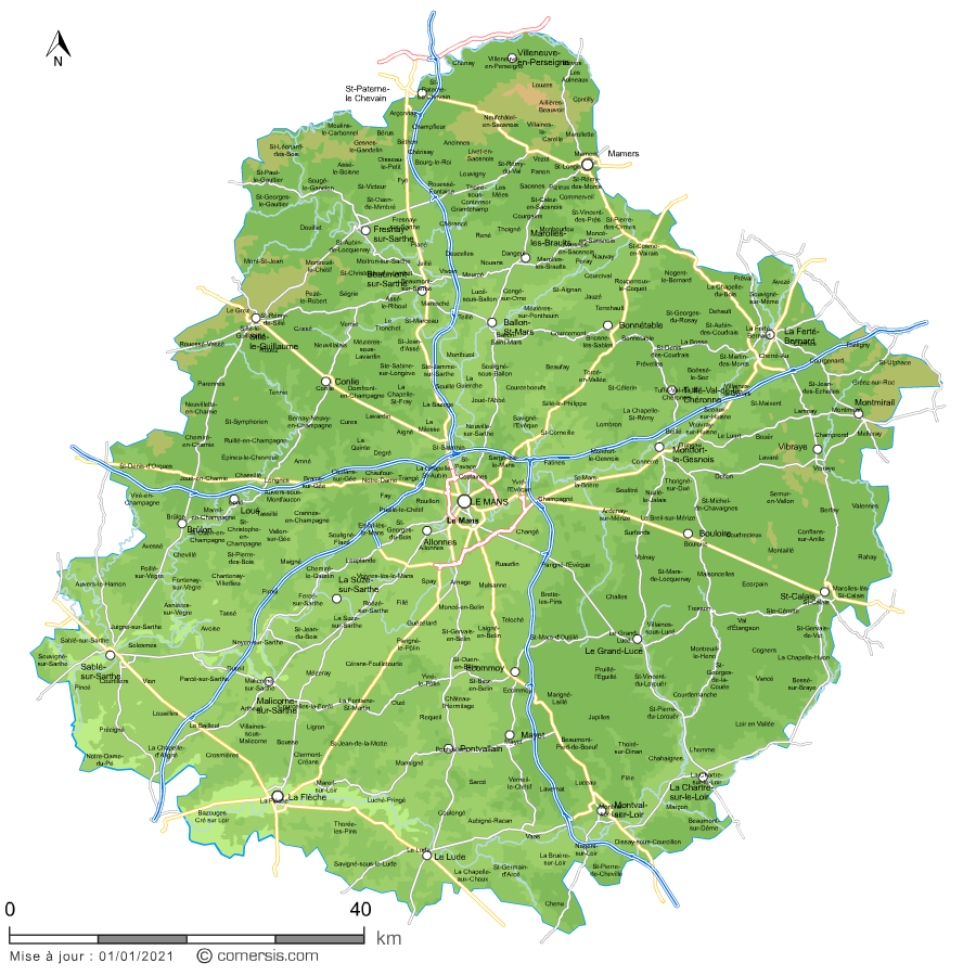 Carte du relief de la Sarthe