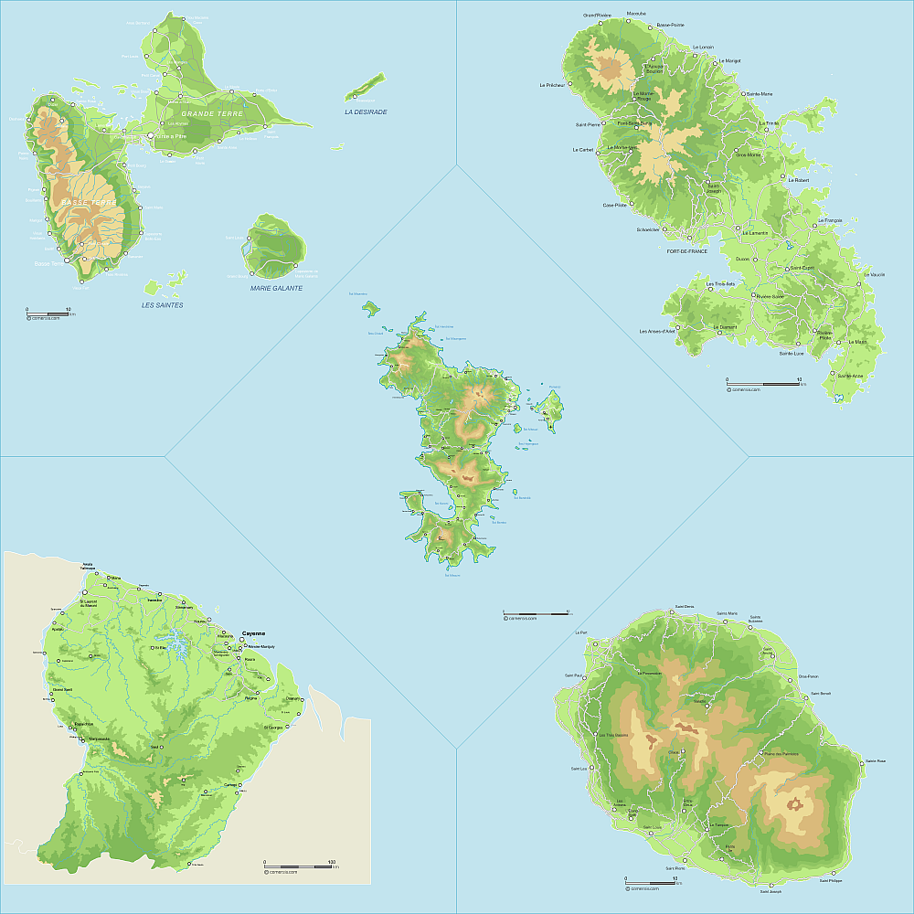 Carte du relief des Départements d'Outre-Mer