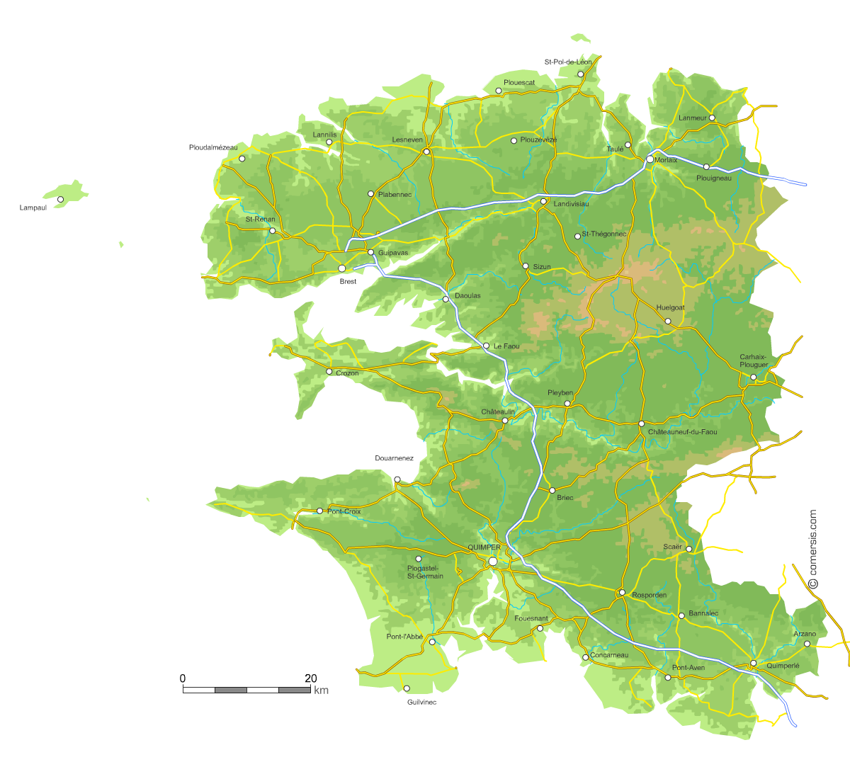 Carte du relief du Finistère