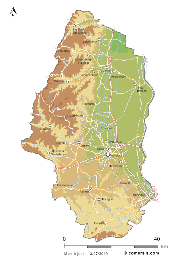 Carte du relief du Haut-Rhin