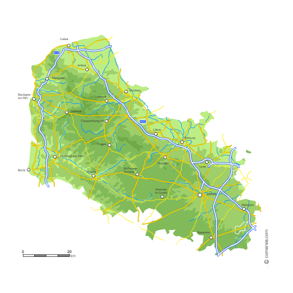 Carte du relief du Pas-de-Calais