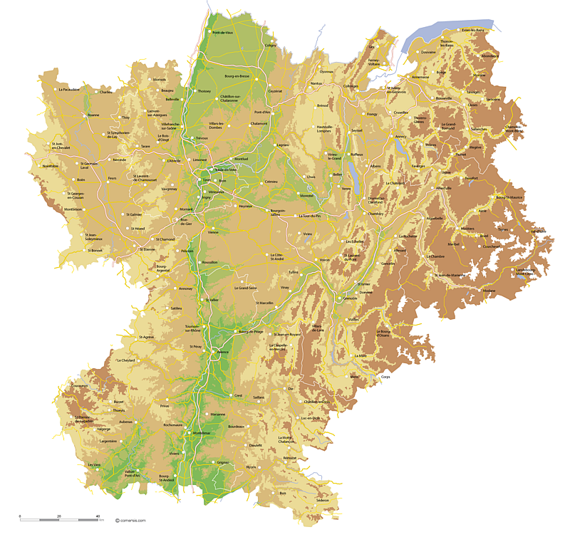 Carte du relief du Rhône-Alpes