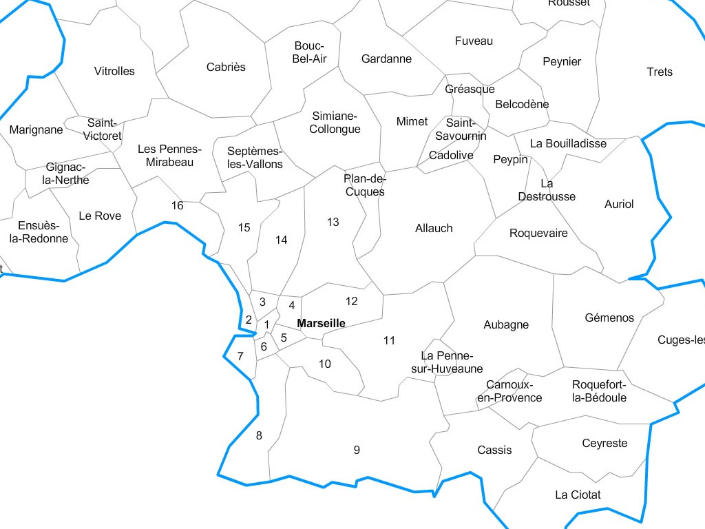 Bouches-du-Rhône municipalities vector map with names ( France ). zoom