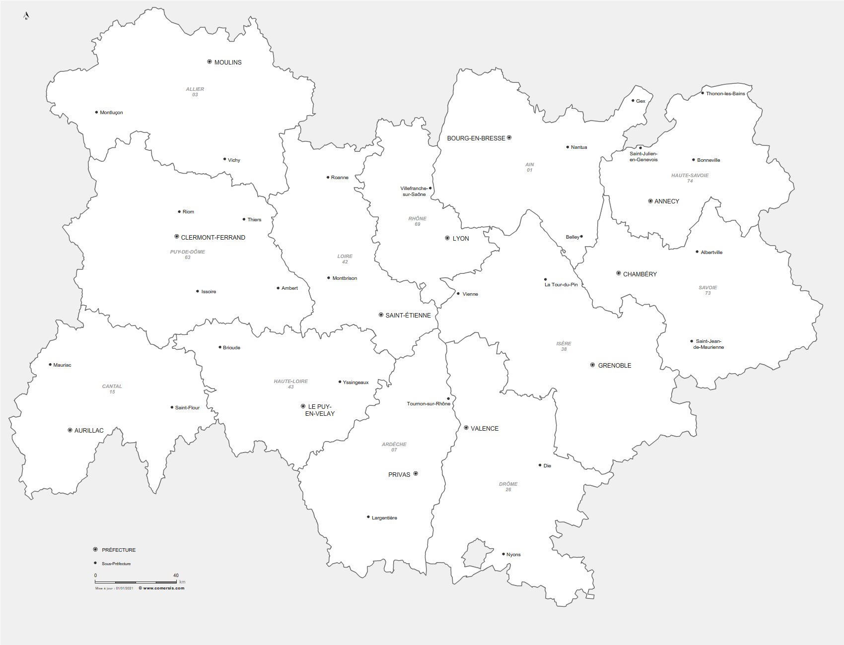 Carte des préfectures d'Auvergne-Rhône-Alpes