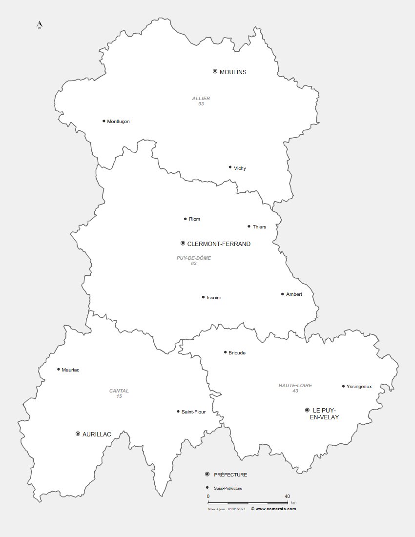 Carte des préfectures d'Auvergne