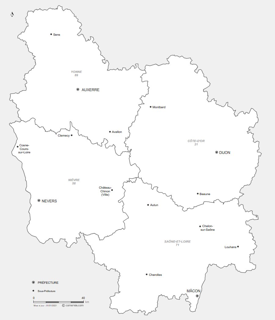 Carte des préfectures de Bourgogne