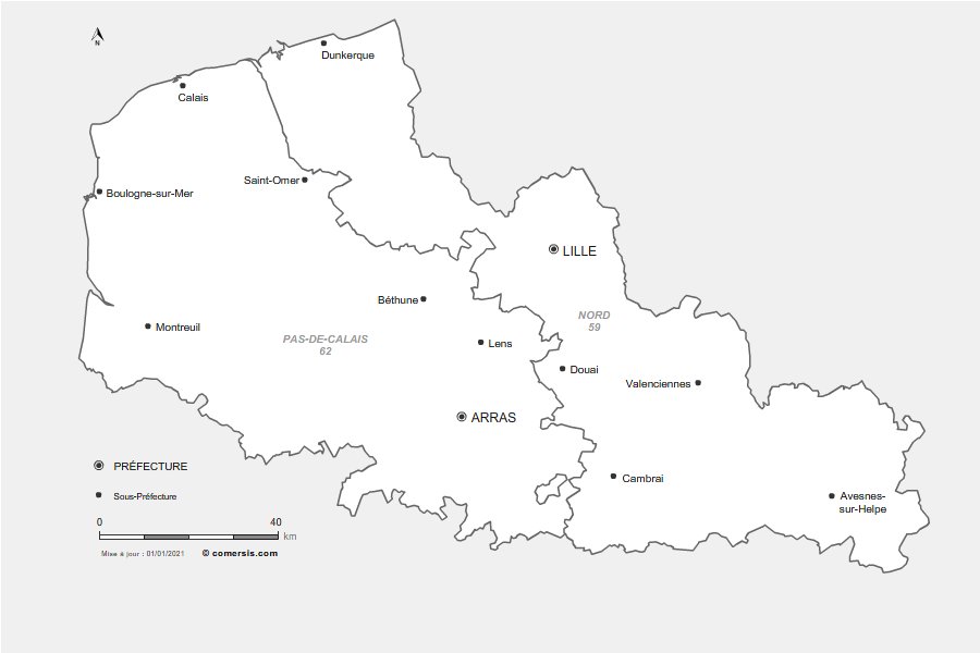 Carte des préfectures du Nord-Pas-de-Calais