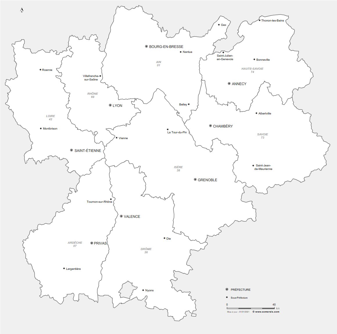 Carte des préfectures du Rhône-Alpes